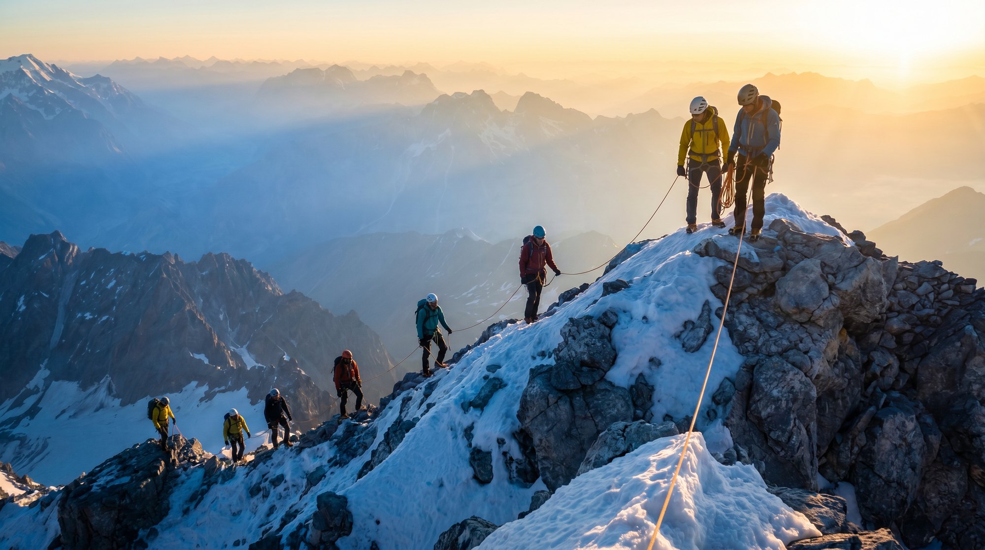 Team climbing towards a ridge line