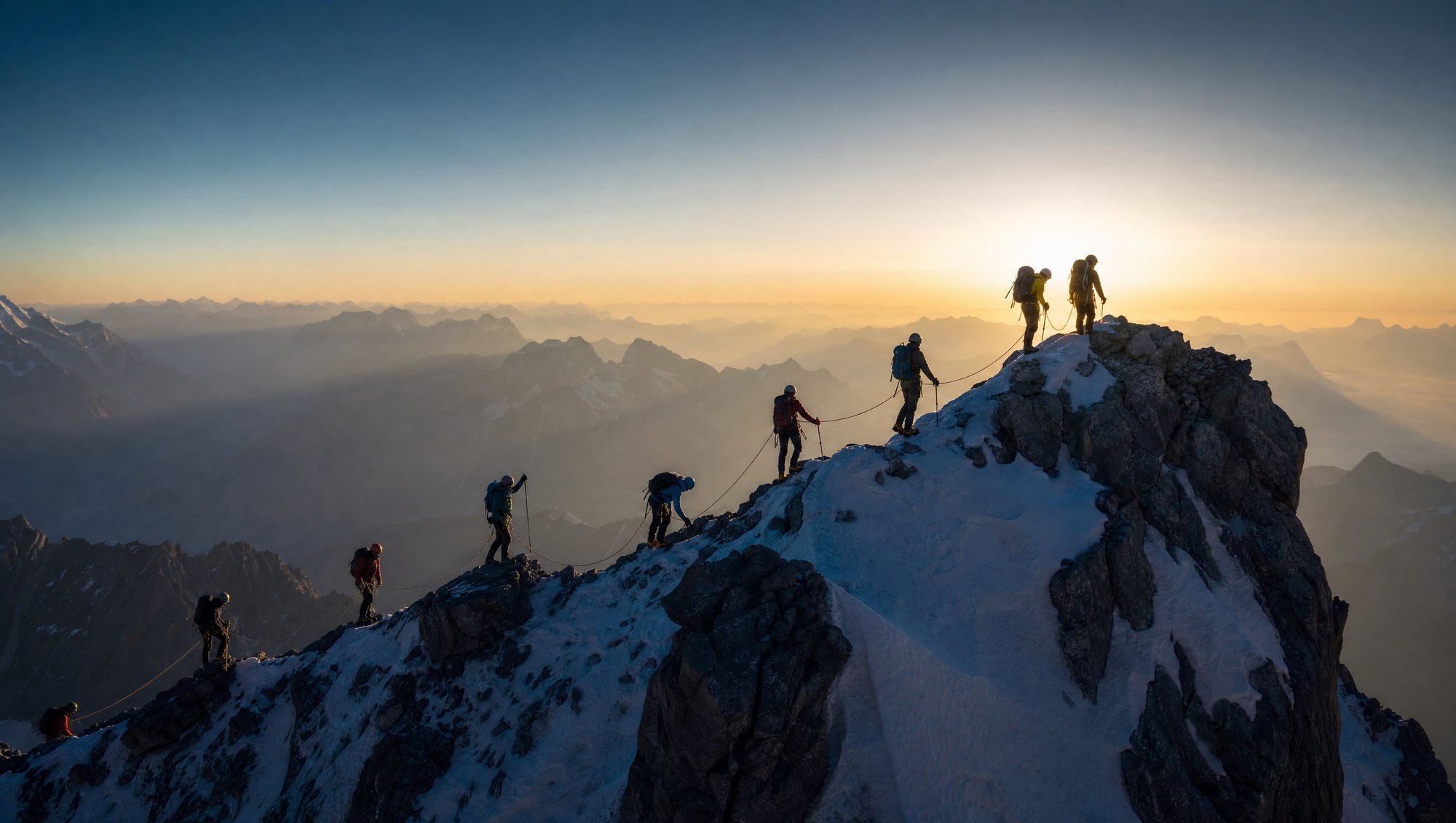 Roped mountaineering team reaching the summit at sunrise